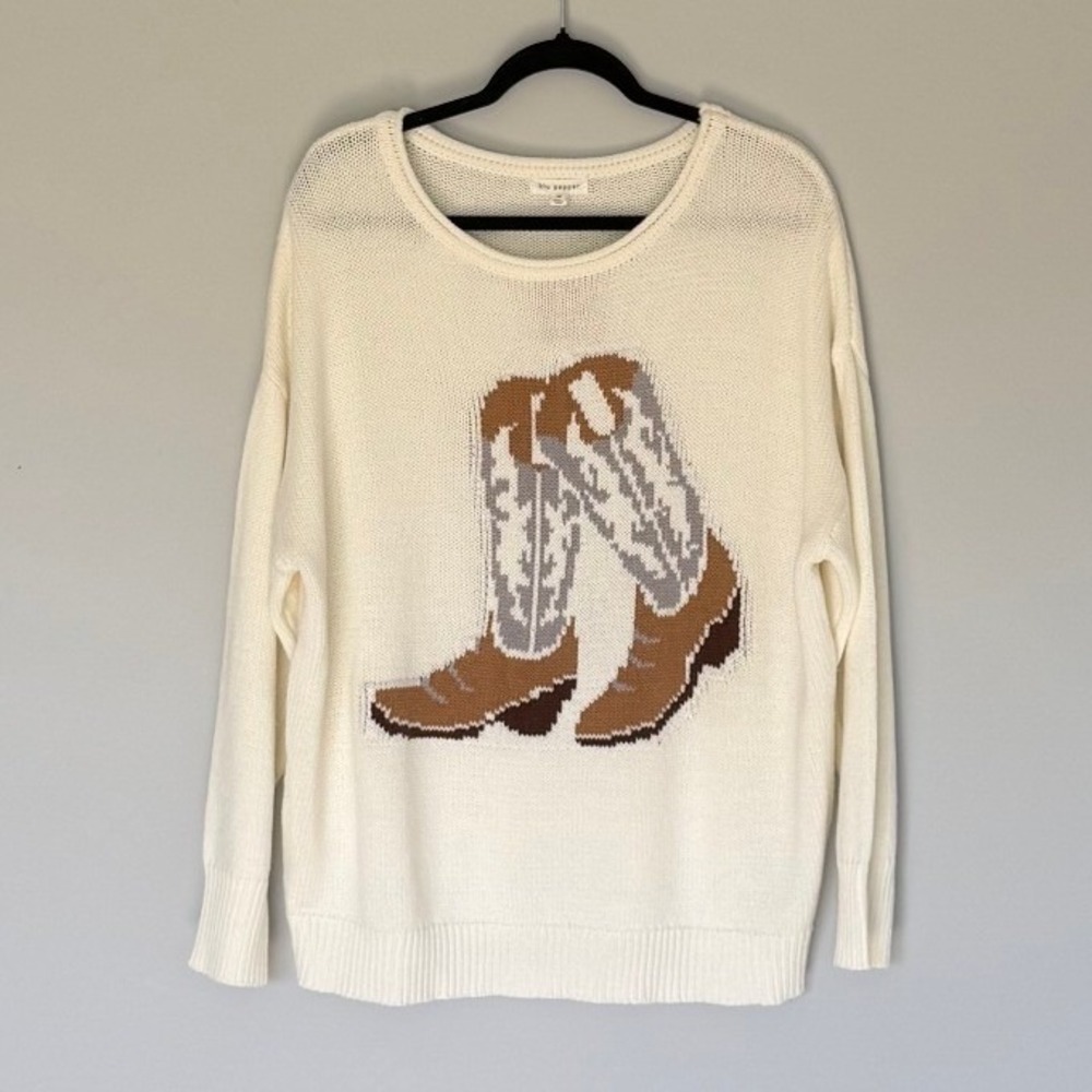 Blu Pepper NWT Ivory Cowboy Boot Intarsia Knit Sweater J5ST1029 Western Medium